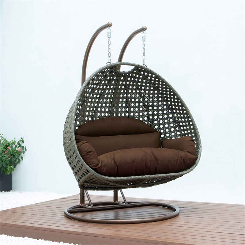 LeisureMod Outdoor Beige Wicker Hanging Double Egg Swing Chair in Brown