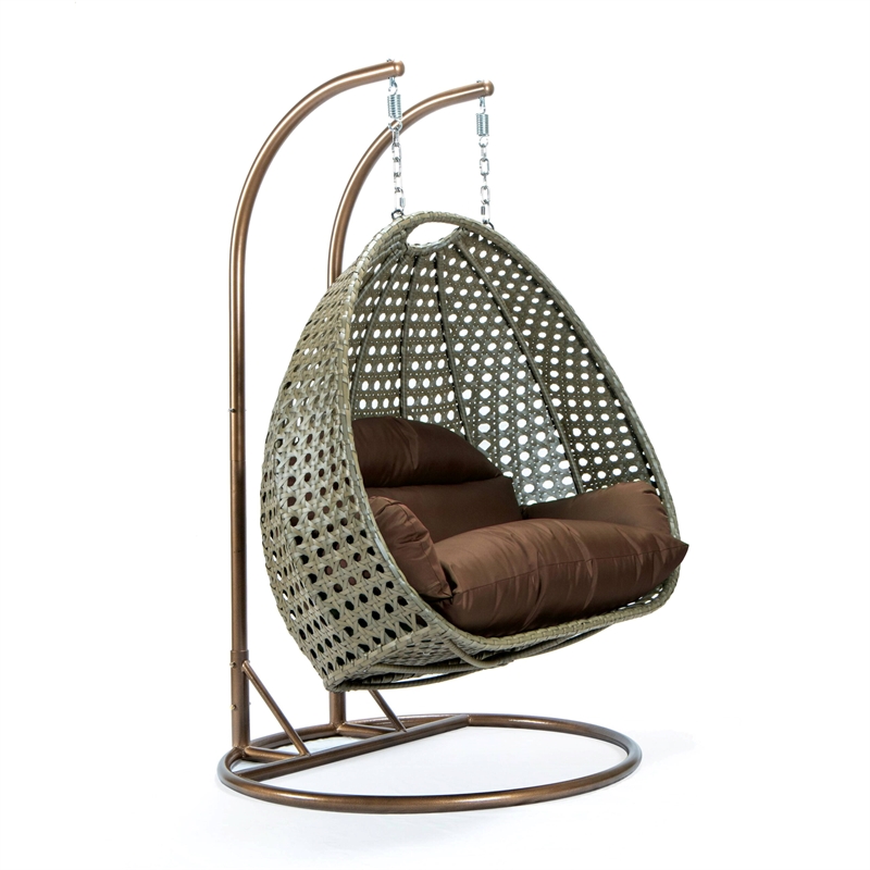 LeisureMod Outdoor Beige Wicker Hanging Double Egg Swing Chair in Brown