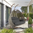 LeisureMod Outdoor Beige Wicker Hanging Double Egg Swing Chair in Dark Gray