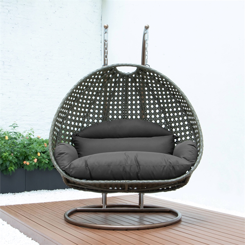 LeisureMod Outdoor Beige Wicker Hanging Double Egg Swing Chair in Dark Gray
