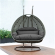 LeisureMod Outdoor Beige Wicker Hanging Double Egg Swing Chair in Dark Gray