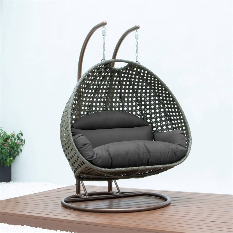 LeisureMod Outdoor Beige Wicker Hanging Double Egg Swing Chair in Dark Gray