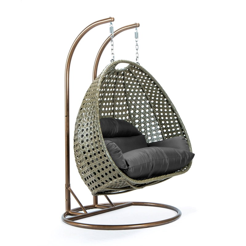 LeisureMod Outdoor Beige Wicker Hanging Double Egg Swing Chair in Dark Gray