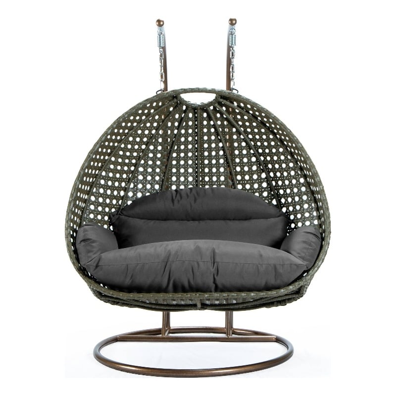 LeisureMod Outdoor Beige Wicker Hanging Double Egg Swing Chair in Dark Gray