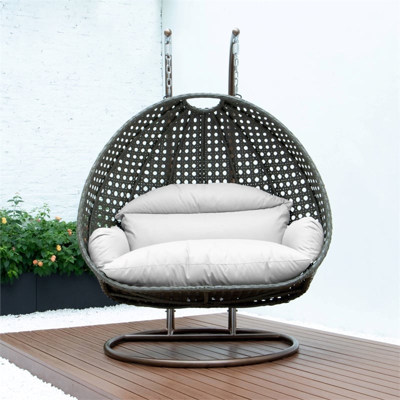 LeisureMod Outdoor Beige Wicker Hanging Double Egg Swing Chair in White
