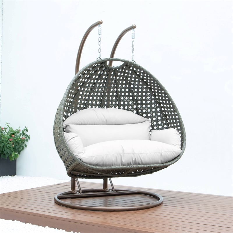 LeisureMod Outdoor Beige Wicker Hanging Double Egg Swing Chair in White