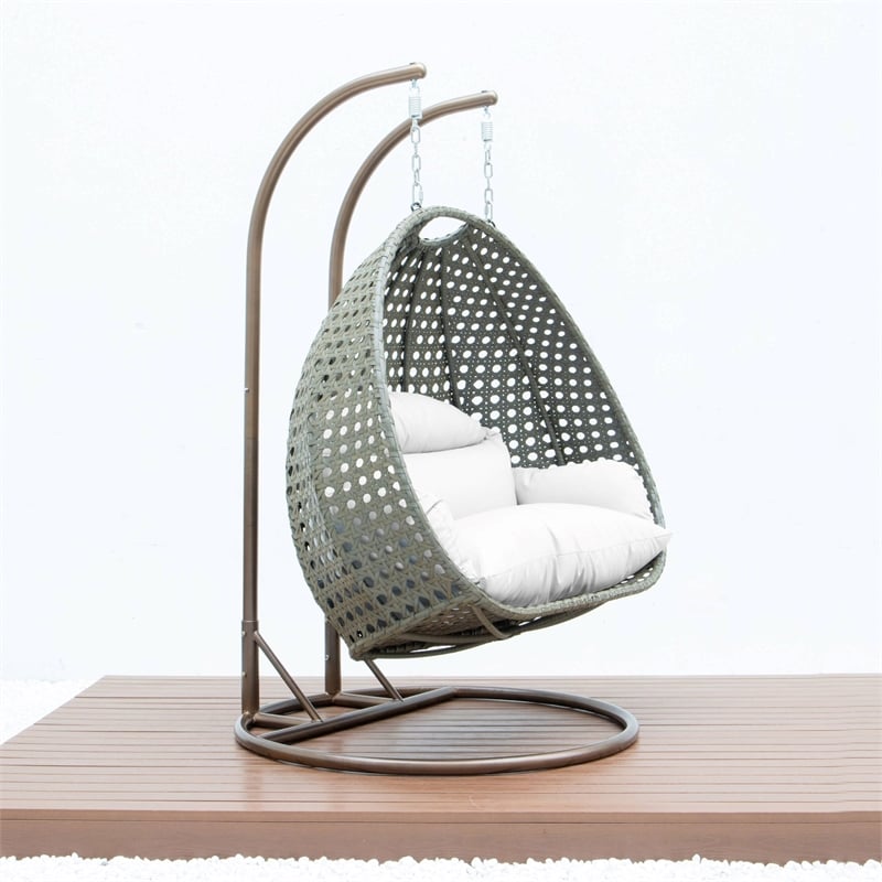 LeisureMod Outdoor Beige Wicker Hanging Double Egg Swing Chair in White