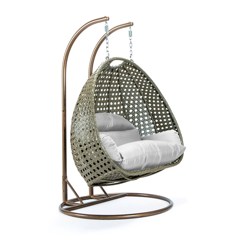 LeisureMod Outdoor Beige Wicker Hanging Double Egg Swing Chair in White