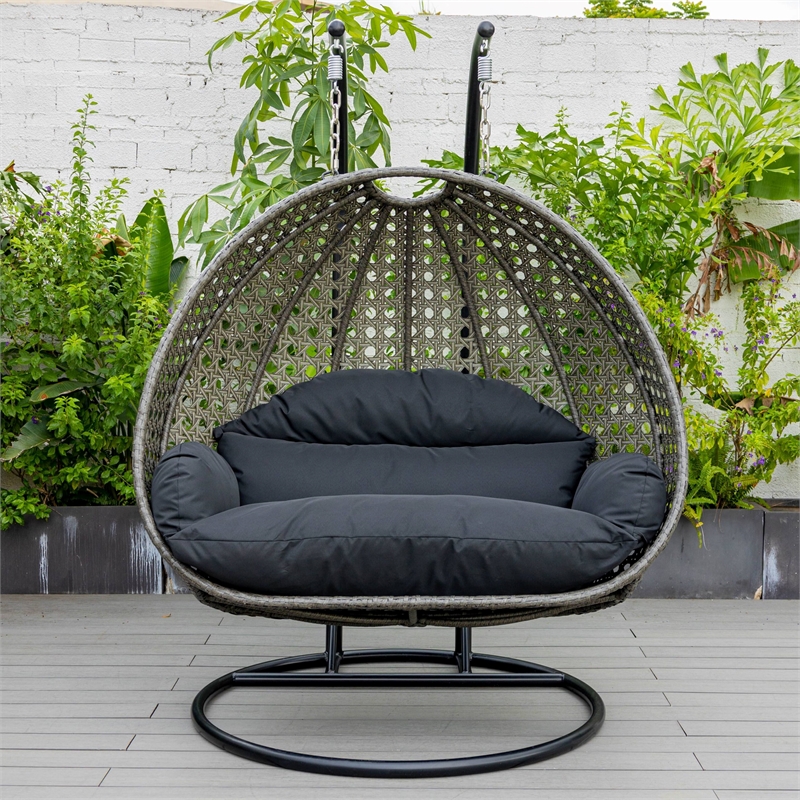 LeisureMod Outdoor Charcoal Wicker Hanging Double Egg Swing Chair in Black