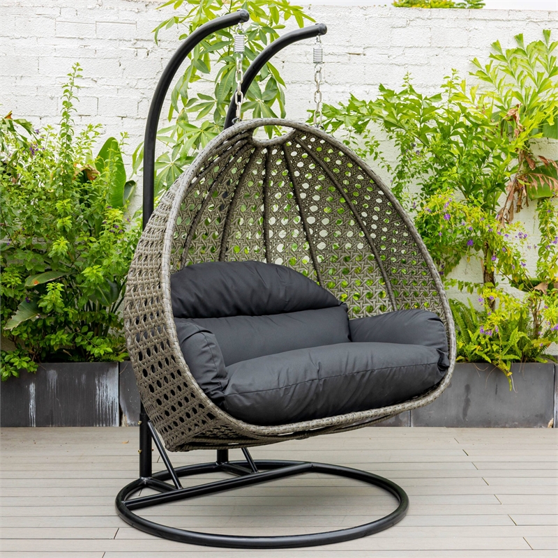 LeisureMod Outdoor Charcoal Wicker Hanging Double Egg Swing Chair in Black