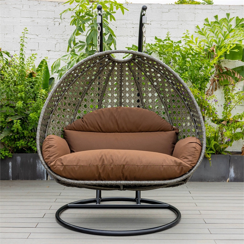 LeisureMod Outdoor Charcoal Wicker Hanging Double Egg Swing Chair in Brown