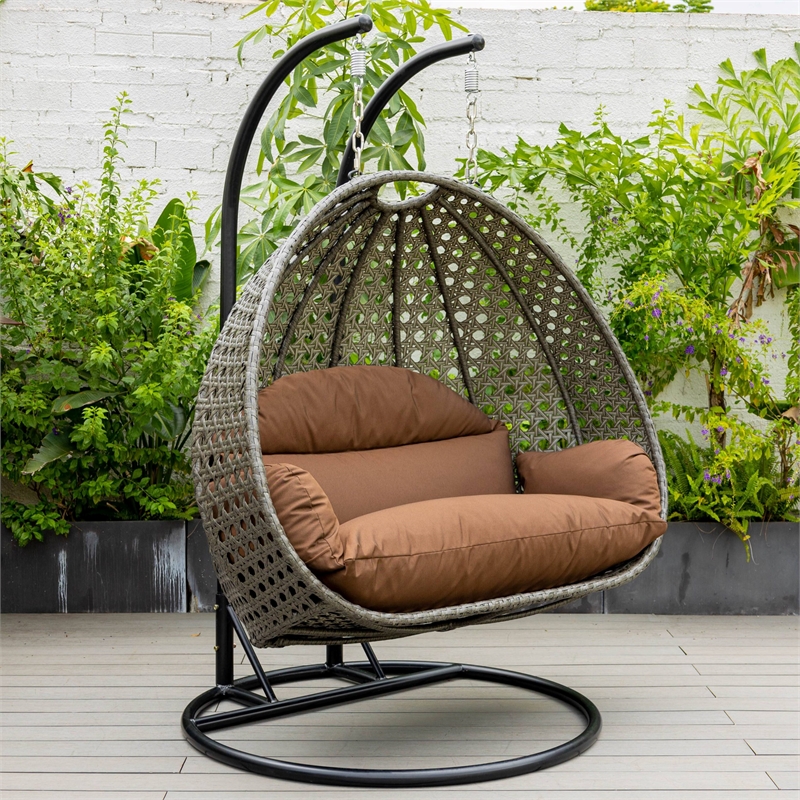 LeisureMod Outdoor Charcoal Wicker Hanging Double Egg Swing Chair in Brown