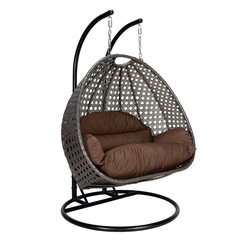 LeisureMod Outdoor Charcoal Wicker Hanging Double Egg Swing Chair in Brown