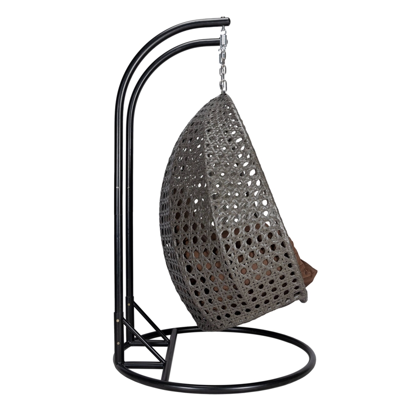LeisureMod Outdoor Charcoal Wicker Hanging Double Egg Swing Chair in Brown