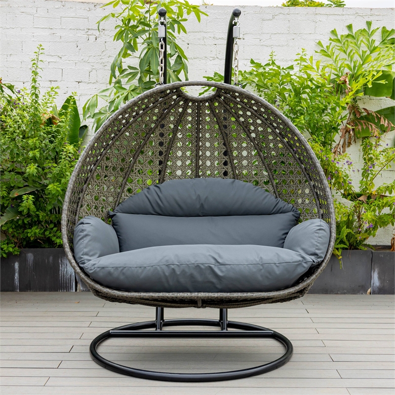 LeisureMod Outdoor Charcoal Wicker Hanging Double Egg Swing Chair in Dark Gray