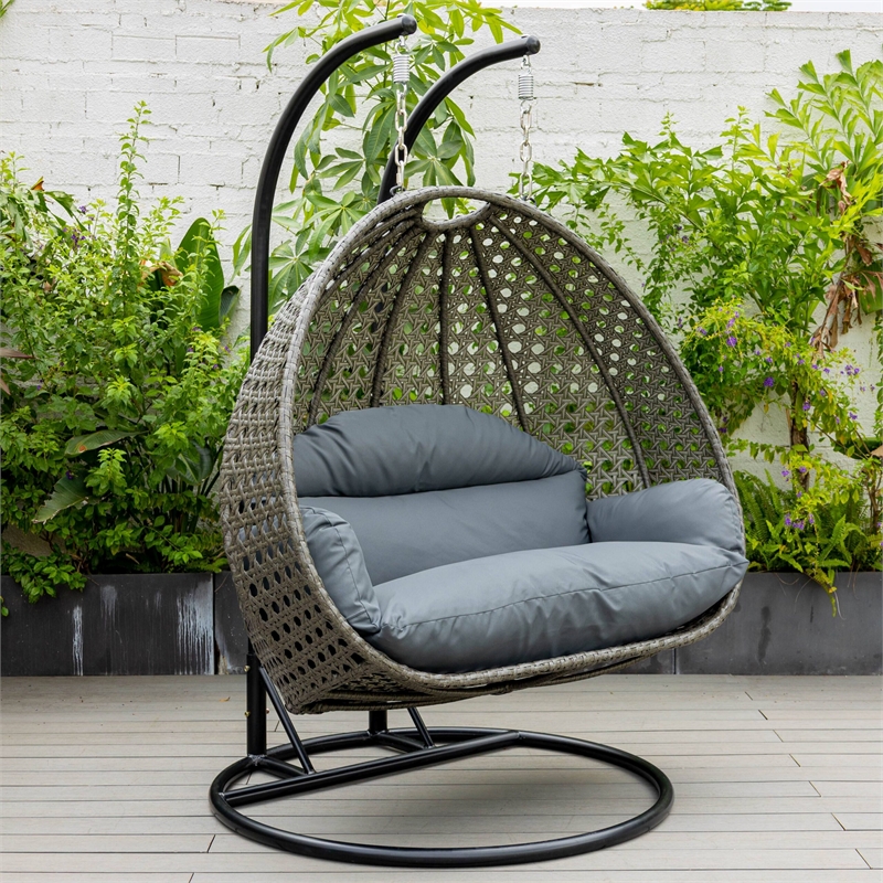 LeisureMod Outdoor Charcoal Wicker Hanging Double Egg Swing Chair in Dark Gray
