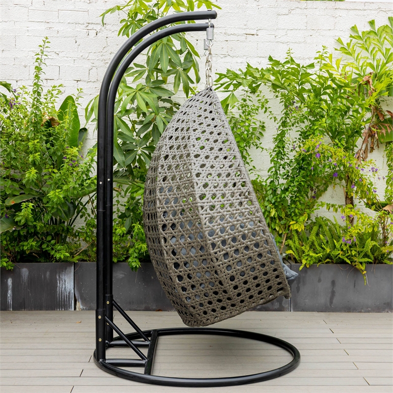 LeisureMod Outdoor Charcoal Wicker Hanging Double Egg Swing Chair in Dark Gray