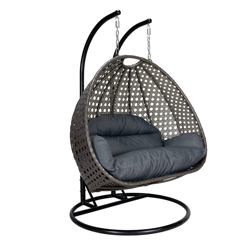 LeisureMod Outdoor Charcoal Wicker Hanging Double Egg Swing Chair in Dark Gray