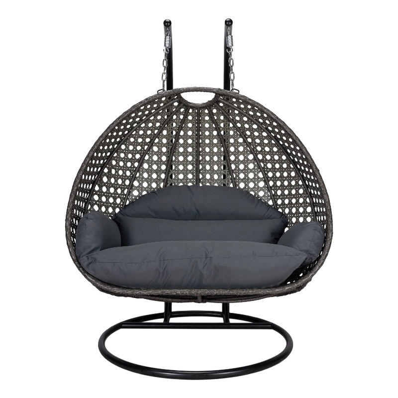 LeisureMod Outdoor Charcoal Wicker Hanging Double Egg Swing Chair in Dark Gray