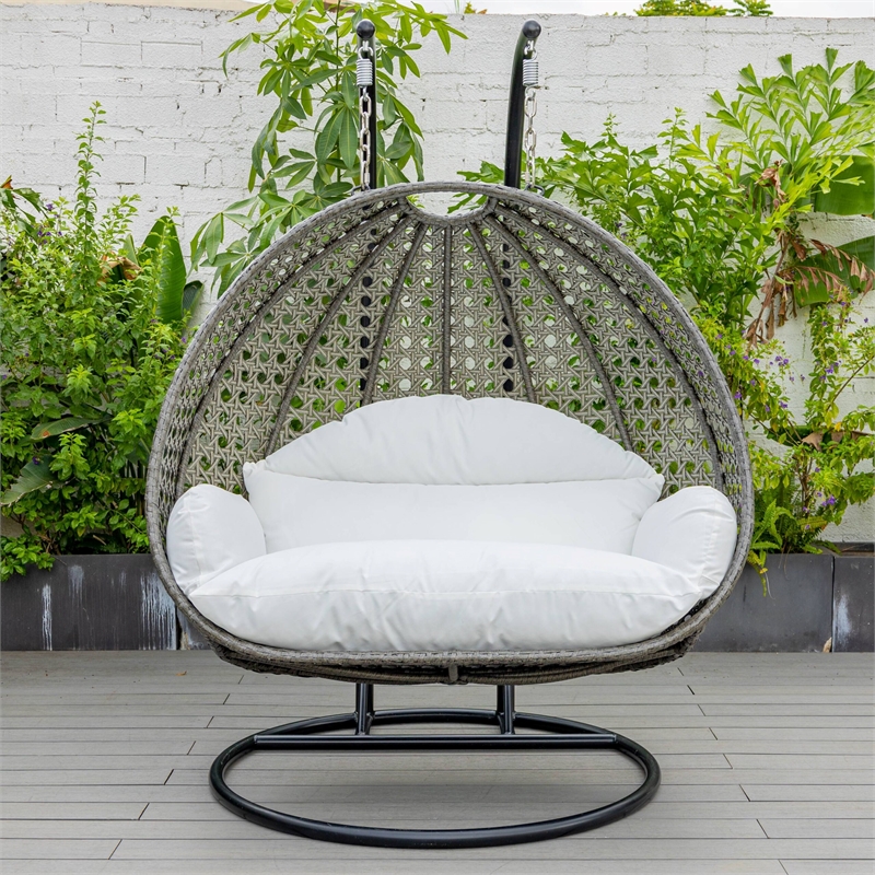 LeisureMod Outdoor Charcoal Wicker Hanging Double Egg Swing Chair in White