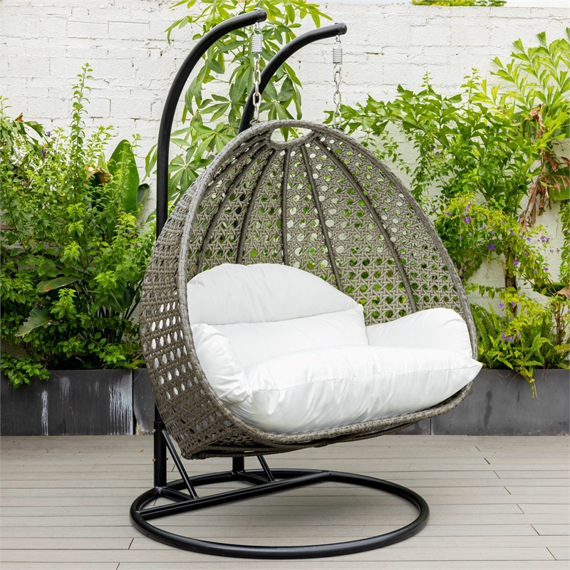 LeisureMod Outdoor Charcoal Wicker Hanging Double Egg Swing Chair in White