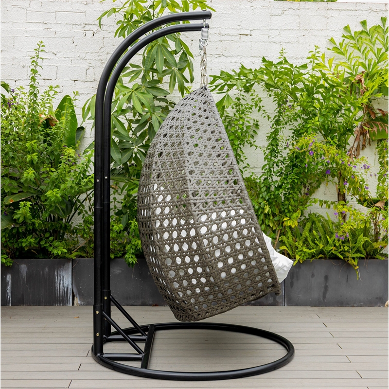 LeisureMod Outdoor Charcoal Wicker Hanging Double Egg Swing Chair in White