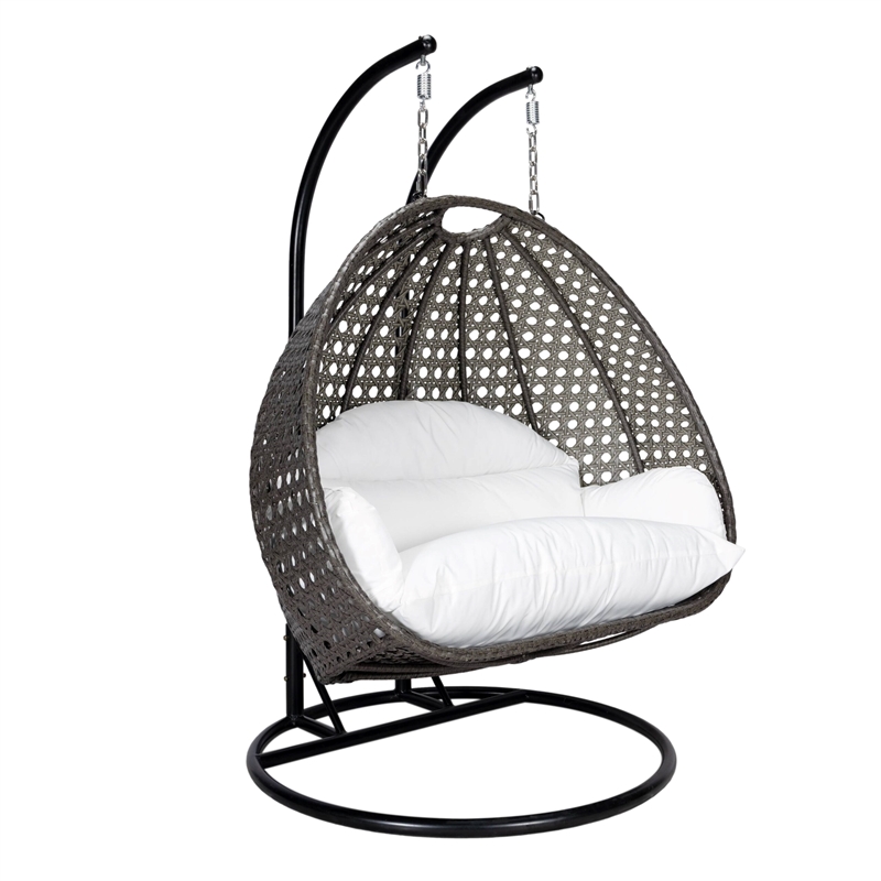 LeisureMod Outdoor Charcoal Wicker Hanging Double Egg Swing Chair in White