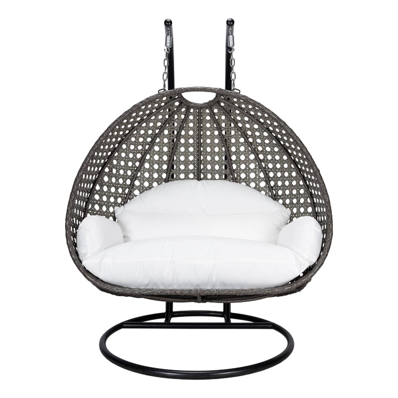 LeisureMod Outdoor Charcoal Wicker Hanging Double Egg Swing Chair in White