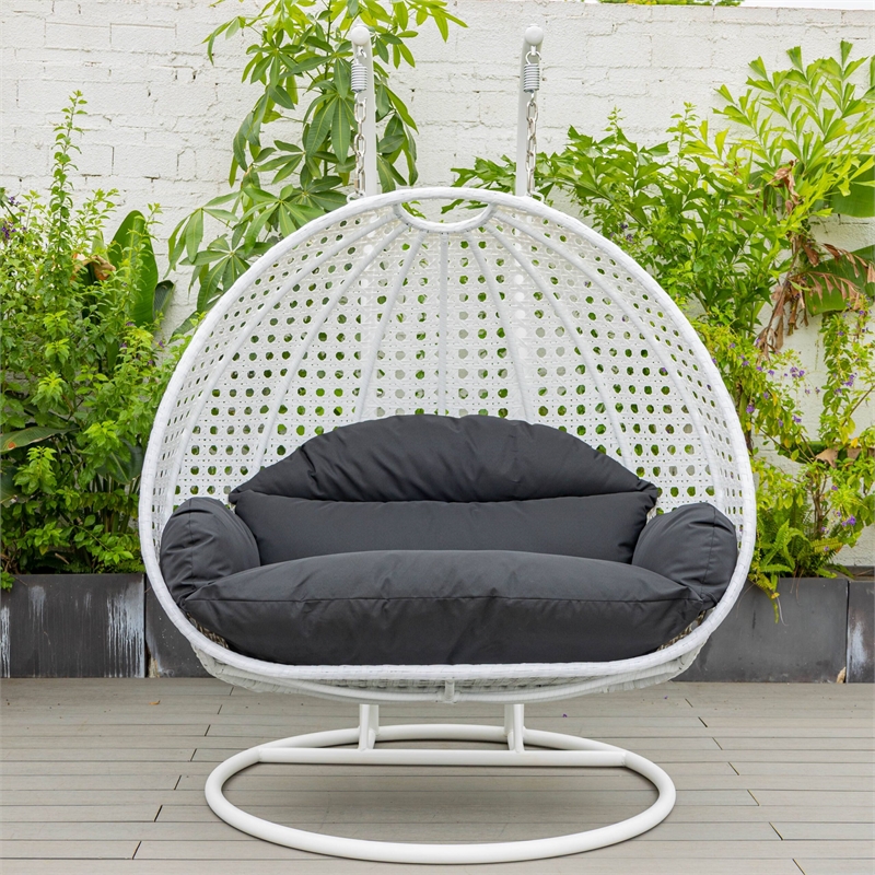 LeisureMod Outdoor White Wicker Hanging Double Egg Swing Chair in Black
