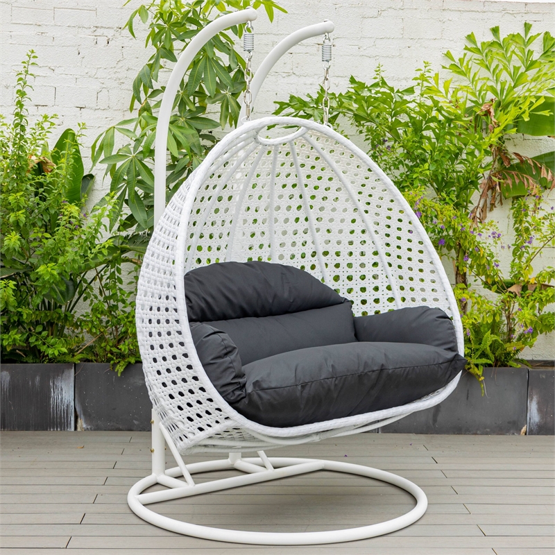 LeisureMod Outdoor White Wicker Hanging Double Egg Swing Chair in Black