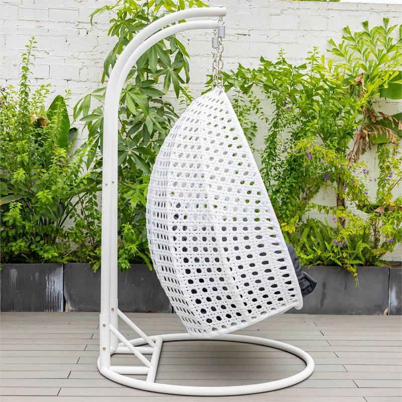 LeisureMod Outdoor White Wicker Hanging Double Egg Swing Chair in Black