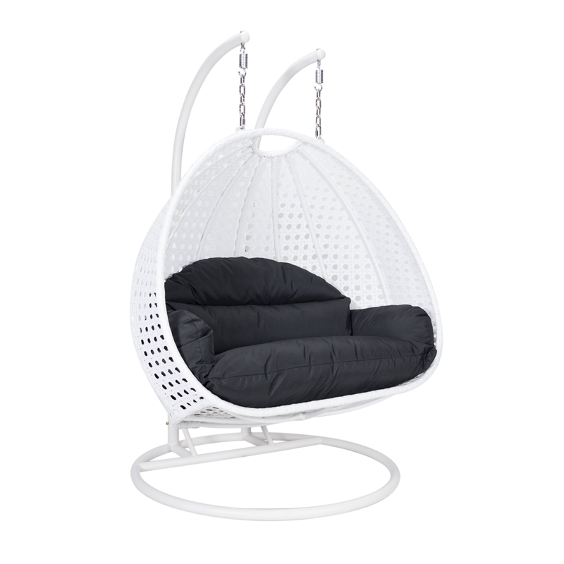 LeisureMod Outdoor White Wicker Hanging Double Egg Swing Chair in Black