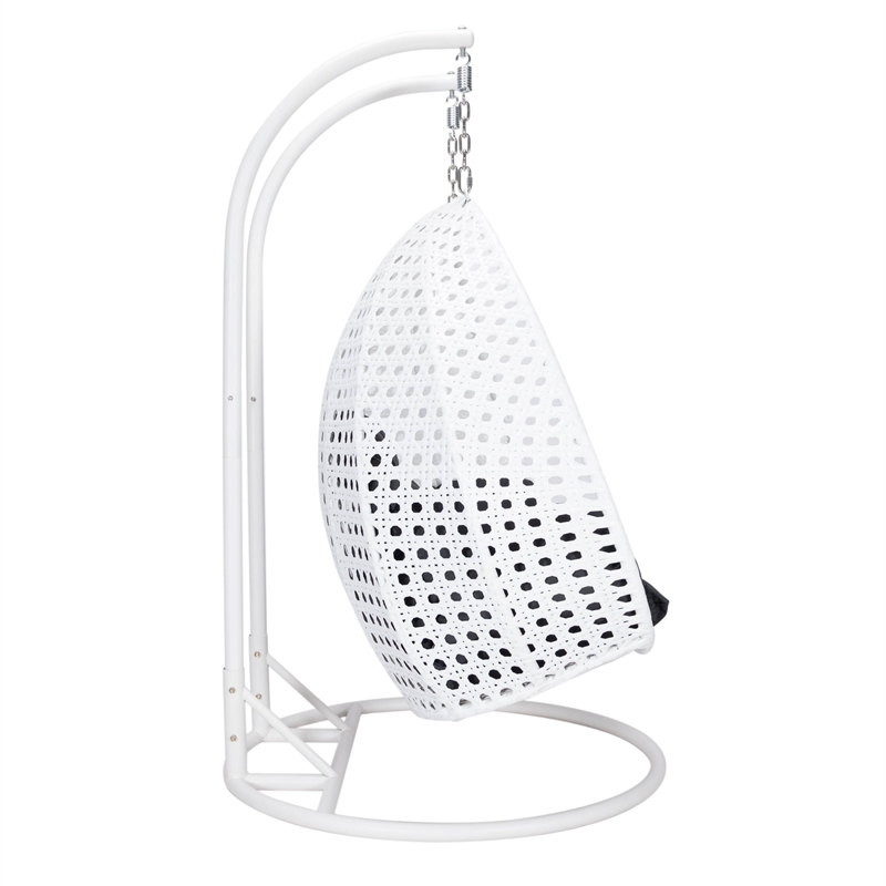 LeisureMod Outdoor White Wicker Hanging Double Egg Swing Chair in Black