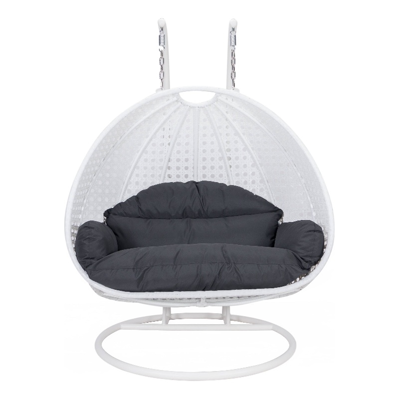 LeisureMod Outdoor White Wicker Hanging Double Egg Swing Chair in Black
