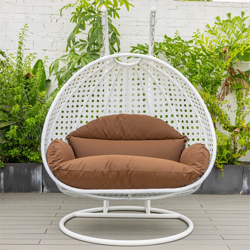 LeisureMod Outdoor White Wicker Hanging Double Egg Swing Chair in Brown