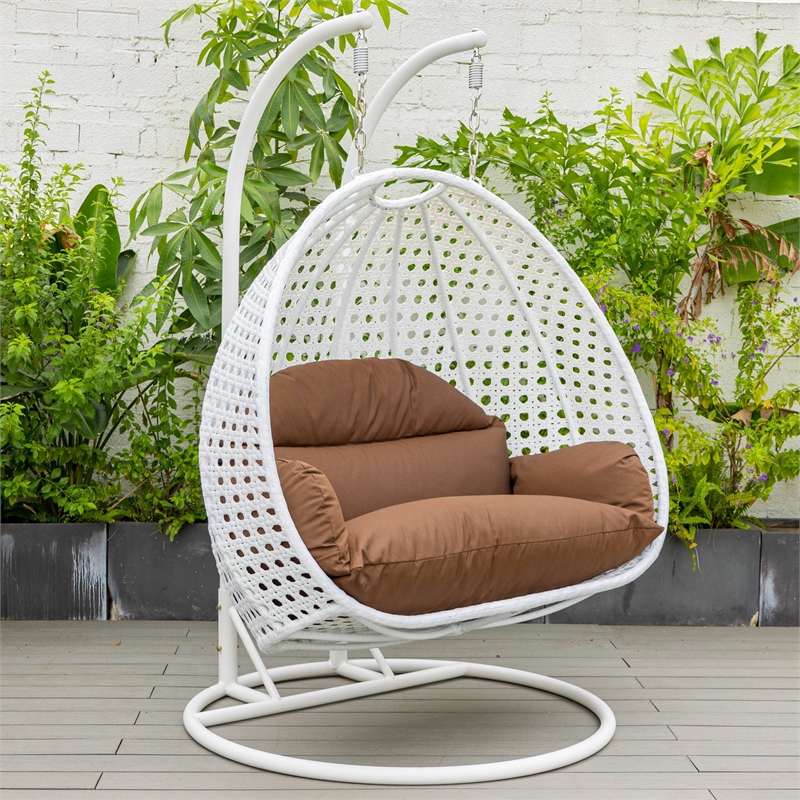 LeisureMod Outdoor White Wicker Hanging Double Egg Swing Chair in Brown