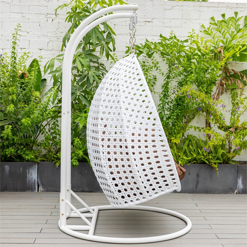 LeisureMod Outdoor White Wicker Hanging Double Egg Swing Chair in Brown