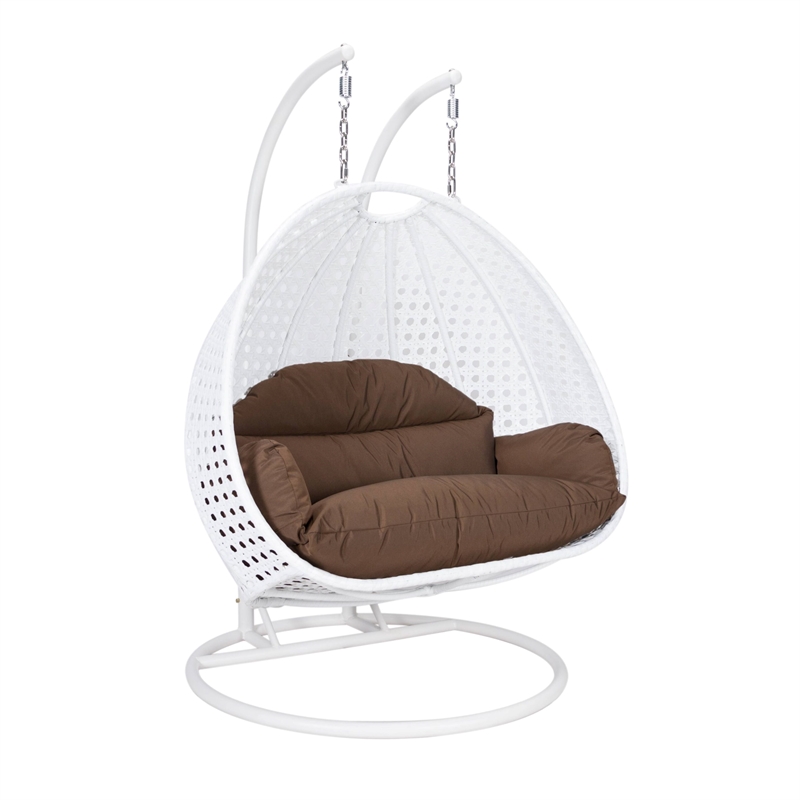 LeisureMod Outdoor White Wicker Hanging Double Egg Swing Chair in Brown