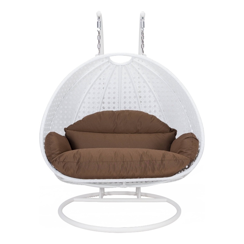 LeisureMod Outdoor White Wicker Hanging Double Egg Swing Chair in Brown