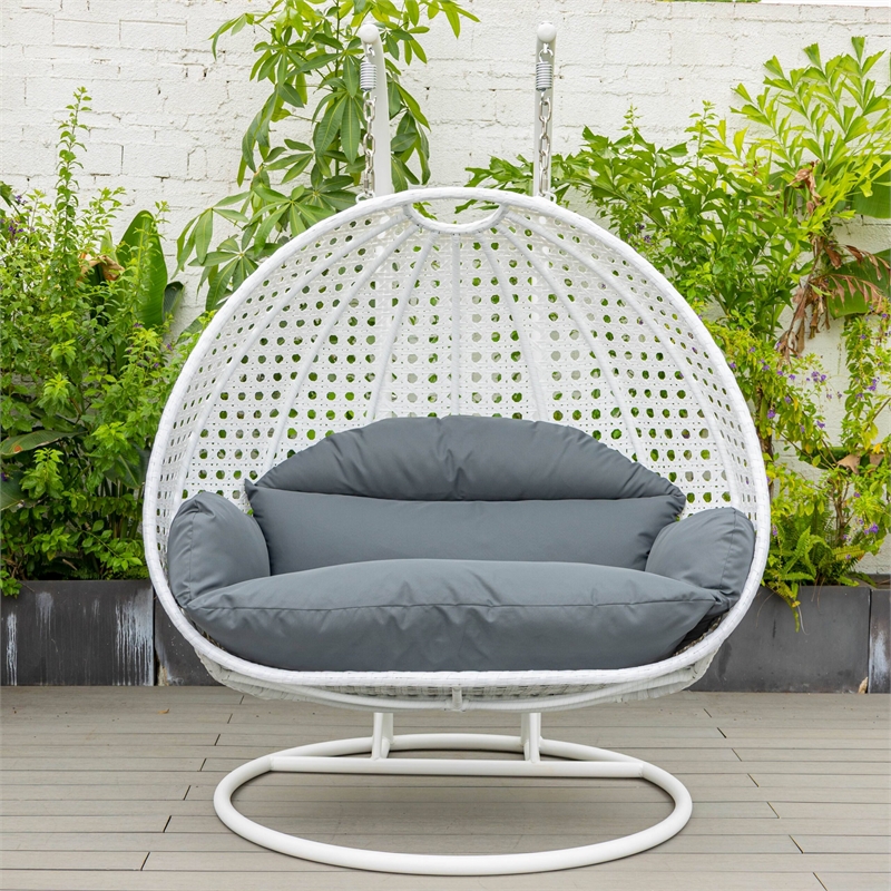 LeisureMod Outdoor White Wicker Hanging Double Egg Swing Chair in Dark Gray