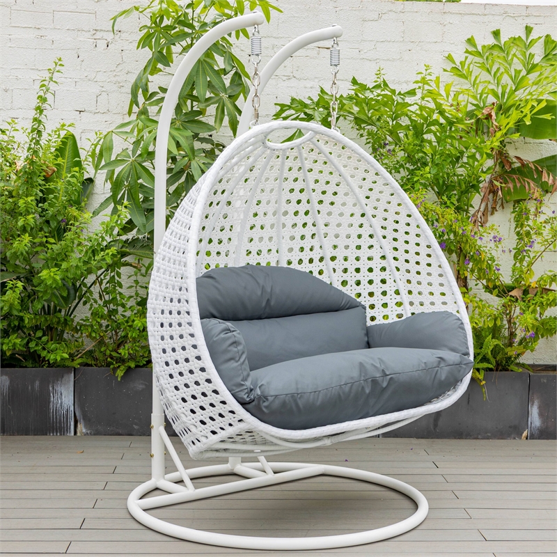 LeisureMod Outdoor White Wicker Hanging Double Egg Swing Chair in Dark Gray