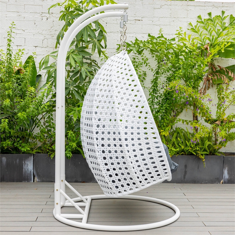 LeisureMod Outdoor White Wicker Hanging Double Egg Swing Chair in Dark Gray