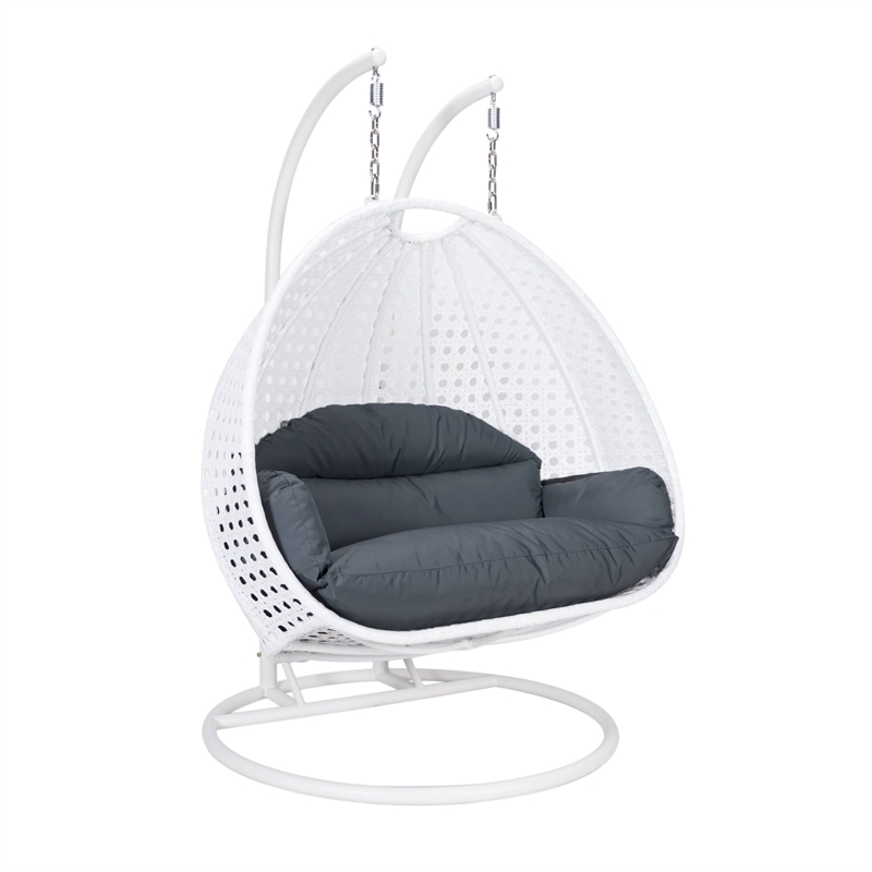 LeisureMod Outdoor White Wicker Hanging Double Egg Swing Chair in Dark Gray