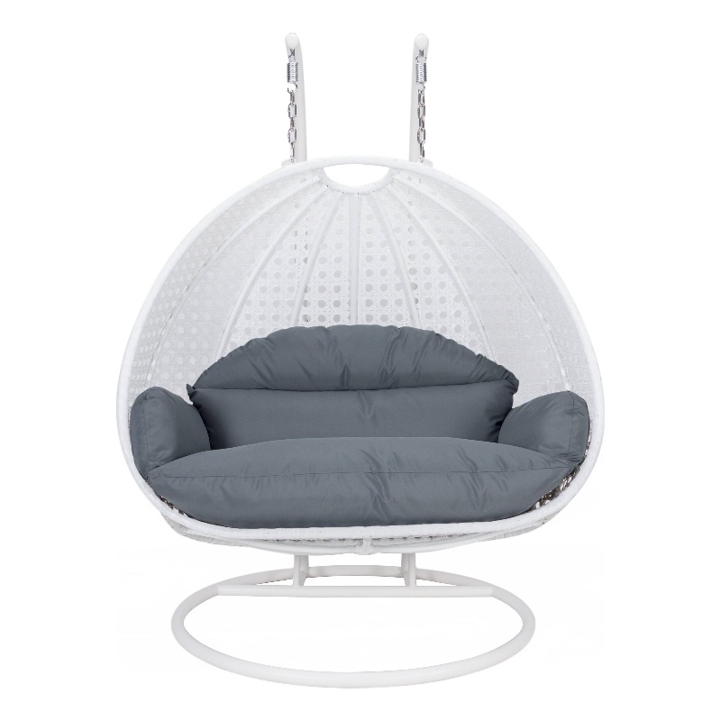 LeisureMod Outdoor White Wicker Hanging Double Egg Swing Chair in Dark Gray