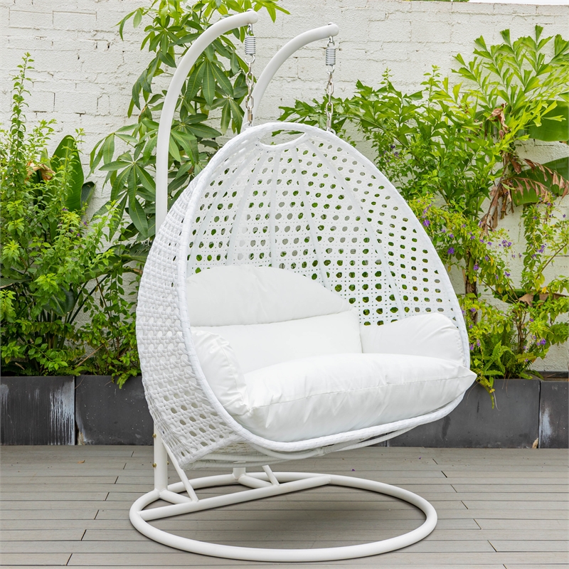 LeisureMod Outdoor White Wicker Hanging Double Egg Swing Chair in White