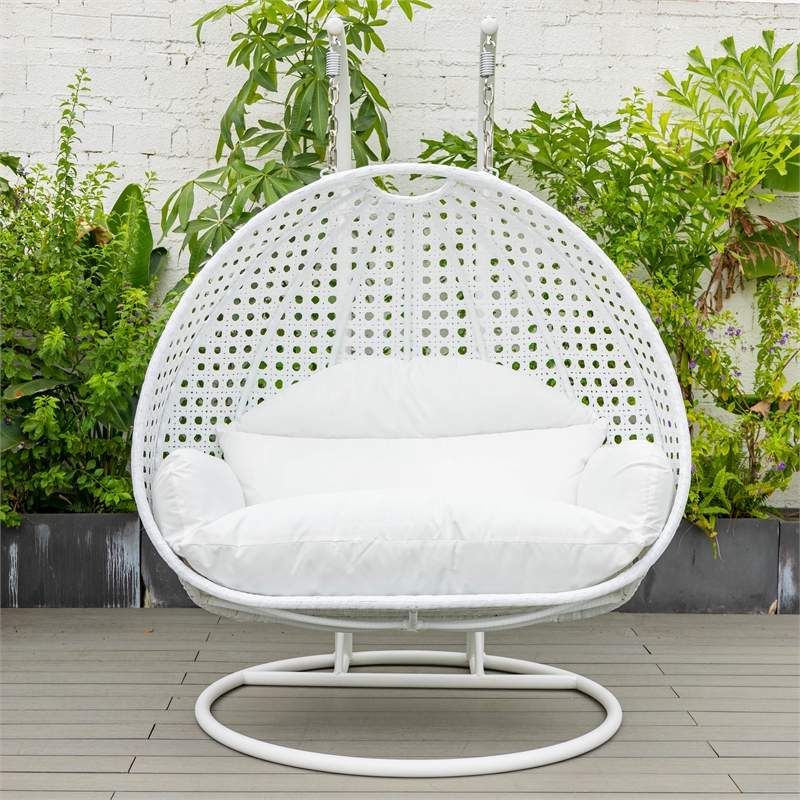 LeisureMod Outdoor White Wicker Hanging Double Egg Swing Chair in White