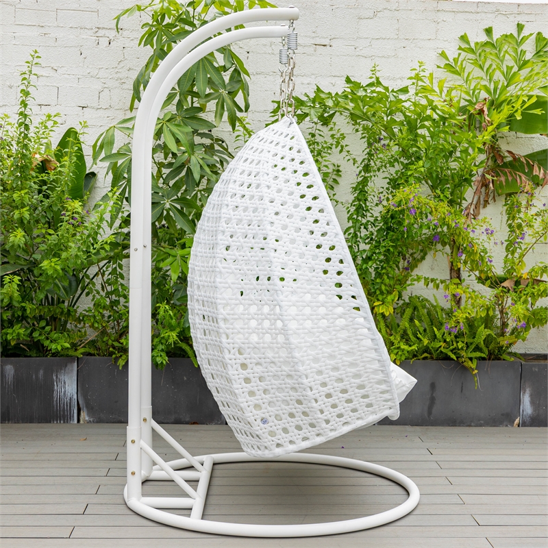 LeisureMod Outdoor White Wicker Hanging Double Egg Swing Chair in White
