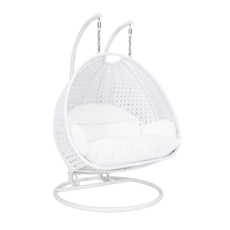 LeisureMod Outdoor White Wicker Hanging Double Egg Swing Chair in White