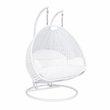 LeisureMod Outdoor White Wicker Hanging Double Egg Swing Chair in White
