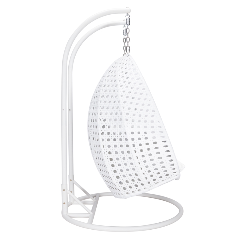 LeisureMod Outdoor White Wicker Hanging Double Egg Swing Chair in White